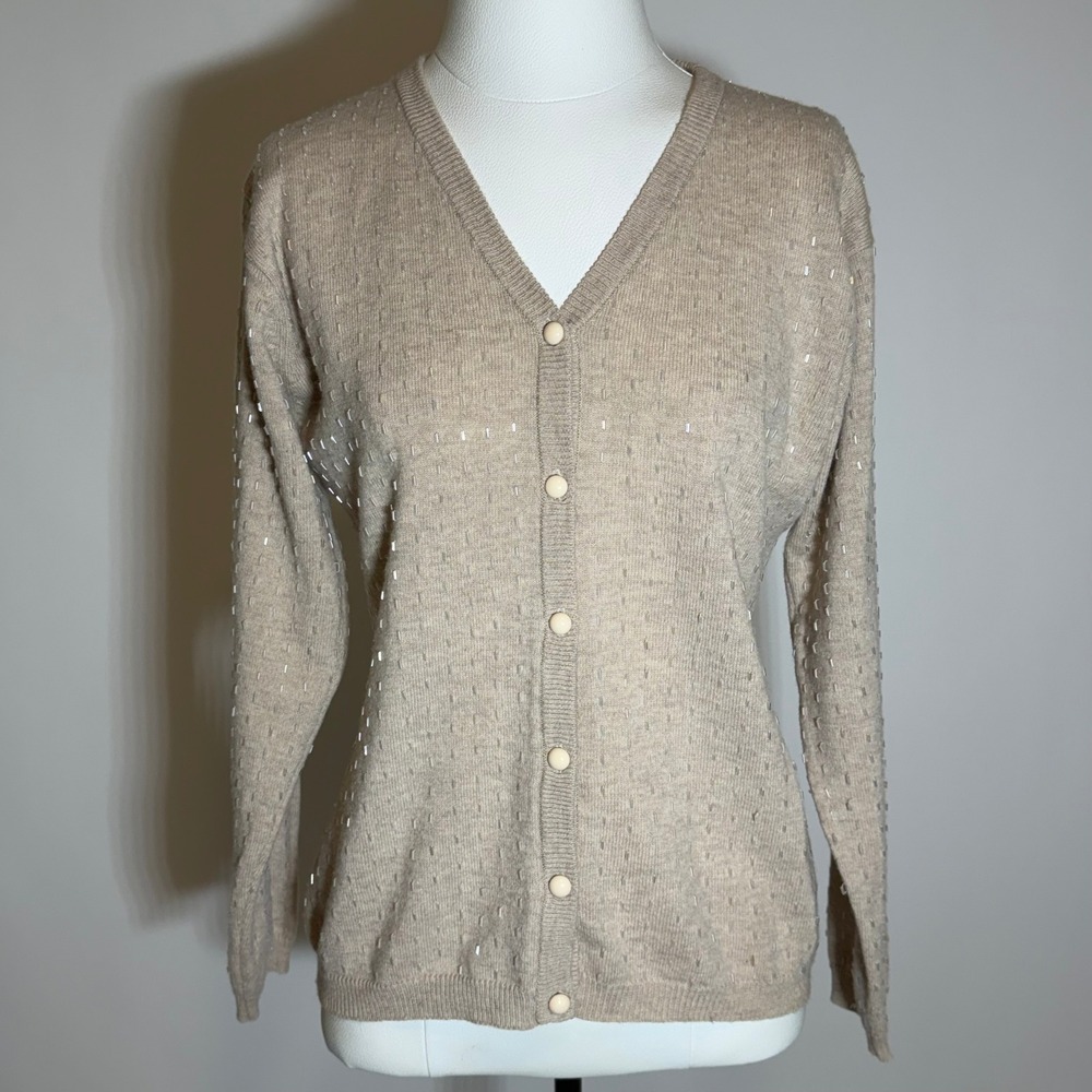 Harve Benard 100% Wool Beaded Knit Cardigan Sweater Beige Womens Size Small Work